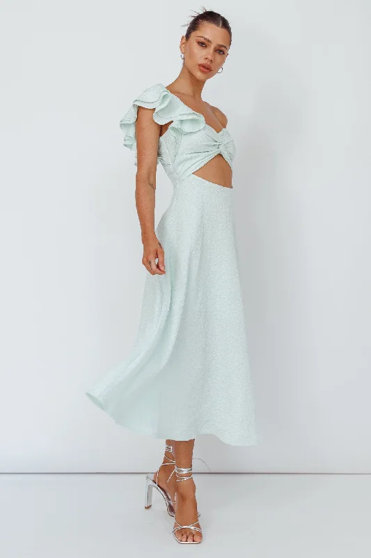 Midi dresses with one - shoulder designs for a modern and asymmetric style Jolina Ruffle Shoulder Midi Dress Mint Midi dresses with one - shoulder designs for a modern and asymmetric style Jolina Ruffle Shoulder Midi Dress Mint