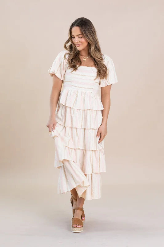 Midi dresses with button - down skirts for a unique and functional design Baby Pink Layered Stripe Midi Flare Dress Midi dresses with button - down skirts for a unique and functional design Baby Pink Layered Stripe Midi Flare Dress