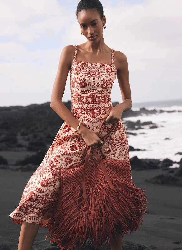 Polyester mini dresses for easy care Red Palm Print Midi Dress
