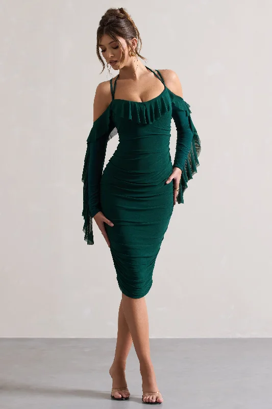 Midi dresses with abstract art prints for an artistic statement Quinn | Bottle Green Ruched Strappy Long-Sleeved Midi Dress With Ruffles Midi dresses with abstract art prints for an artistic statement Quinn | Bottle Green Ruched Strappy Long-Sleeved Midi Dress With Ruffles