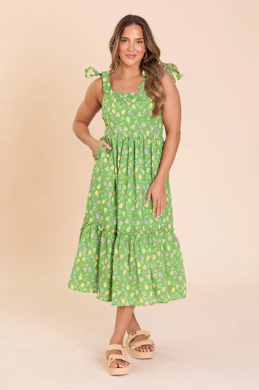 Midi dresses with ruffled bodices for a more pronounced feminine look Green With Fruit Tiered Midi Sundress Midi dresses with ruffled bodices for a more pronounced feminine look Green With Fruit Tiered Midi Sundress