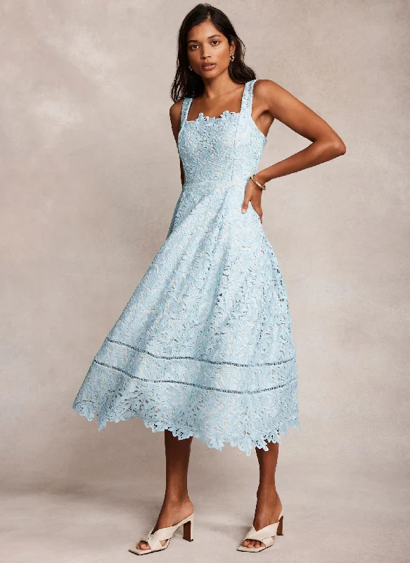 Mini dresses with beaded embellishments for a fancy event Blue Lace Midi Dress