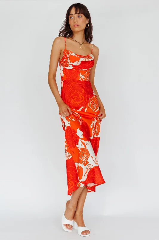 Sheath midi dresses with beaded embellishments for a formal occasion Highland Pleated Bust Midi Dress Floral Orange Sheath midi dresses with beaded embellishments for a formal occasion Highland Pleated Bust Midi Dress Floral Orange