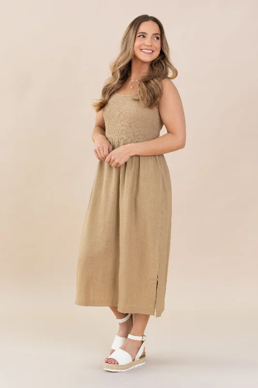 Midi dresses with gathered skirts for a full and flowing silhouette Mocha Tank Linen Midi Dress With Slit Midi dresses with gathered skirts for a full and flowing silhouette Mocha Tank Linen Midi Dress With Slit