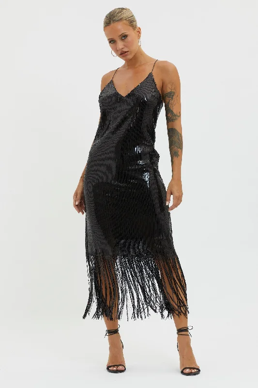 Midi dresses with animal prints for a bold and confident appearance Halo Moon Sequin Fringe Midi Dress Black Midi dresses with animal prints for a bold and confident appearance Halo Moon Sequin Fringe Midi Dress Black