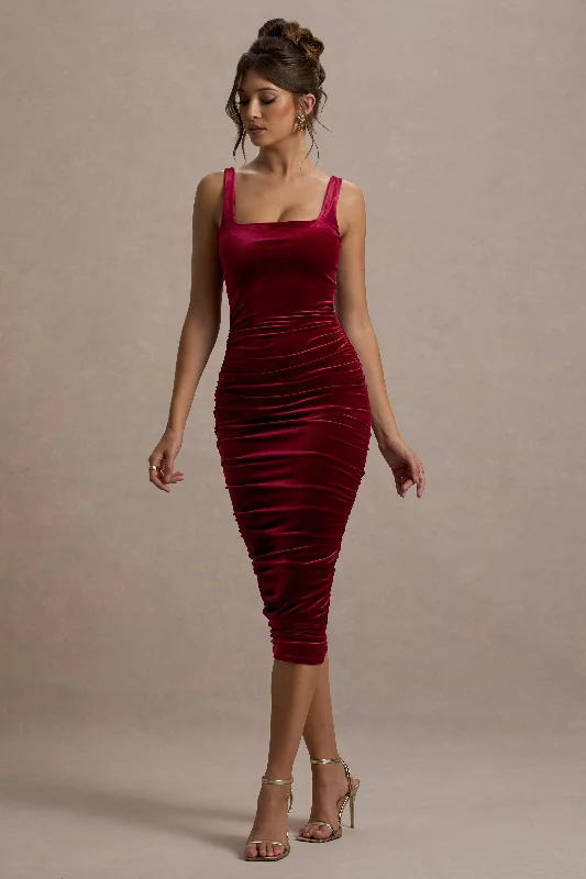 Midi dresses with ribbed textures for a unique and tactile appearance Cora | Berry Velvet Square-Neck Bodycon Midi Dress Midi dresses with ribbed textures for a unique and tactile appearance Cora | Berry Velvet Square-Neck Bodycon Midi Dress