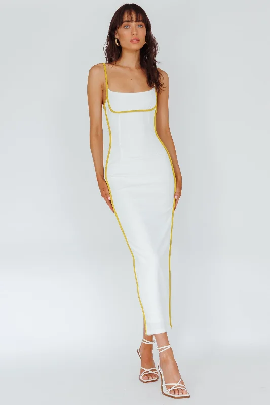 Midi dresses with ribbed textures for a unique and tactile appearance Sunny Coast Piping Trim Maxi Dress White/Yellow Midi dresses with ribbed textures for a unique and tactile appearance Sunny Coast Piping Trim Maxi Dress White/Yellow