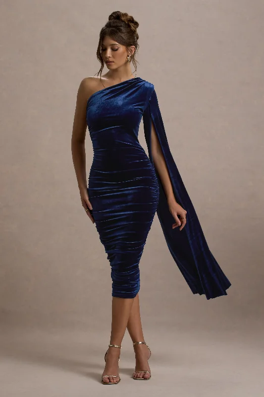 Midi dresses with bow accents for a sweet and charming look Gianna | Navy Velvet One Shoulder Cape Bodycon Midi Dress Midi dresses with bow accents for a sweet and charming look Gianna | Navy Velvet One Shoulder Cape Bodycon Midi Dress