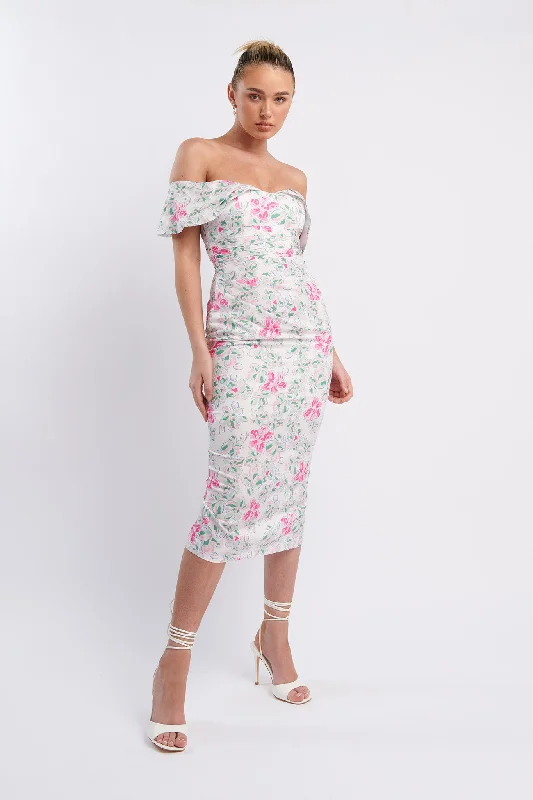 Midi dresses with mesh inserts for a trendy and breathable option Lillianne Off-Shoulder Midi Dress Floral Pink Midi dresses with mesh inserts for a trendy and breathable option Lillianne Off-Shoulder Midi Dress Floral Pink