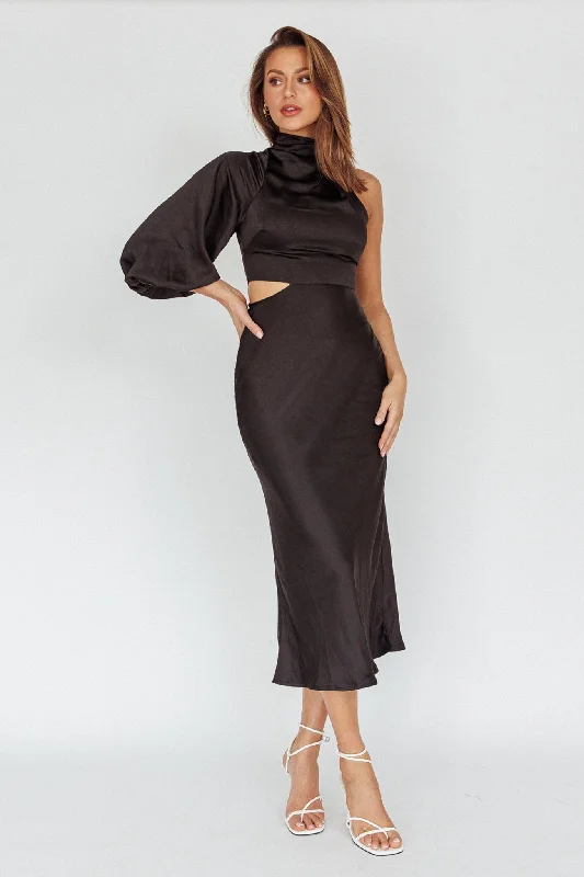 Midi dresses with halter necks for a stylish and comfortable option Thessaly One Sleeve Midi Dress Black Midi dresses with halter necks for a stylish and comfortable option Thessaly One Sleeve Midi Dress Black