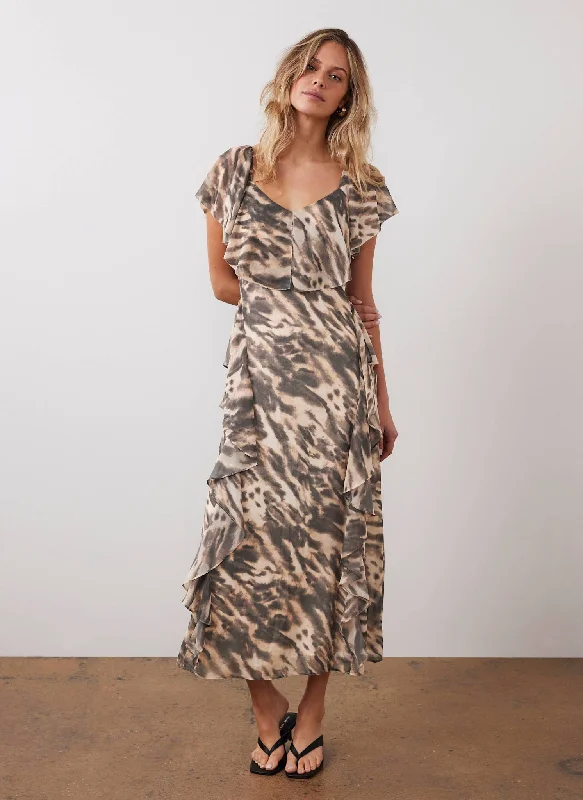 Mini dresses with bow accents for a sweet look Neutral Print Cape Sleeve Maxi Dress