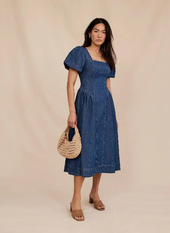 Mini dresses with V - necklines for a flattering shape Indigo Denim Midi Dress