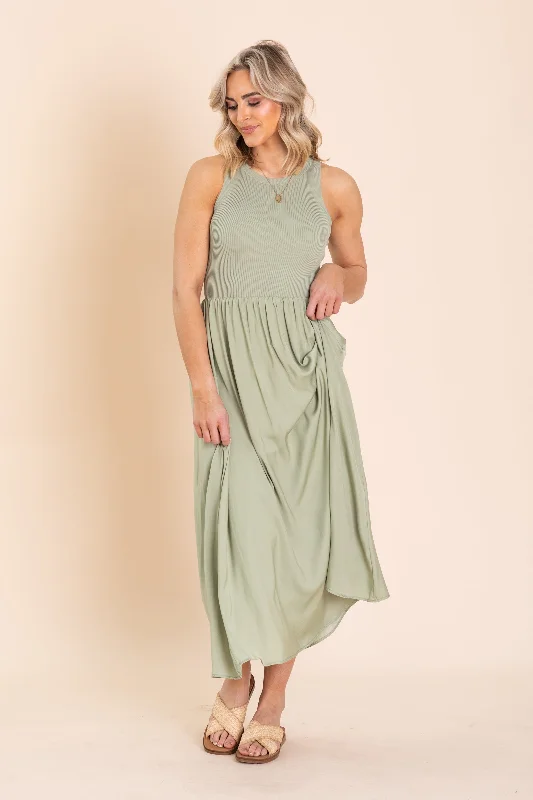 Midi dresses with tiered skirts for a bohemian festival look Light Olive Knit Top Sleeveless Midi Dress Midi dresses with tiered skirts for a bohemian festival look Light Olive Knit Top Sleeveless Midi Dress