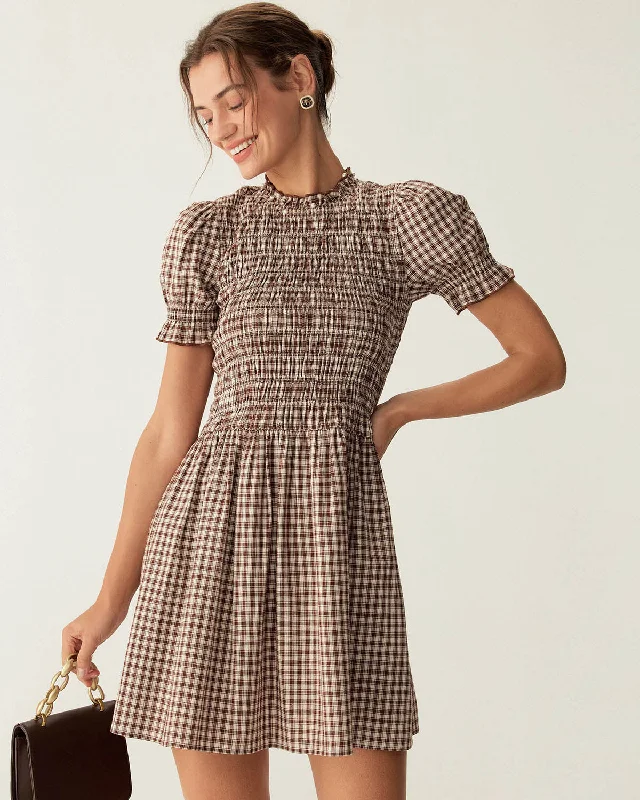 Mini dresses with off - the - shoulder styles Coffee Plaid Puffed Sleeve Mini Dress