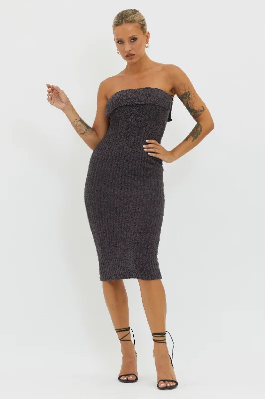 Midi dresses with geometric cutouts for a contemporary and edgy look Lupita Foldover Ribbed Knit Midi Dress Charcoal Midi dresses with geometric cutouts for a contemporary and edgy look Lupita Foldover Ribbed Knit Midi Dress Charcoal