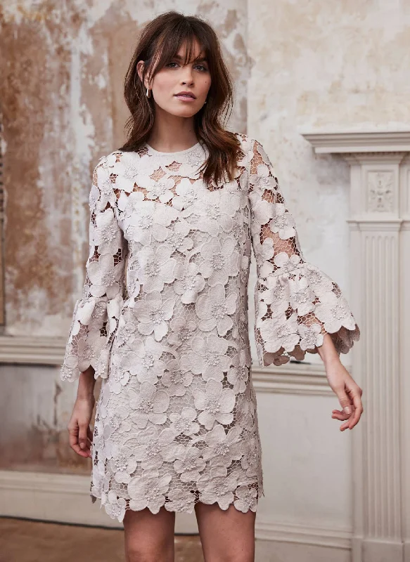 Mini dresses with tassel accents for a fun touch Neutral Floral Lace Mini Dress