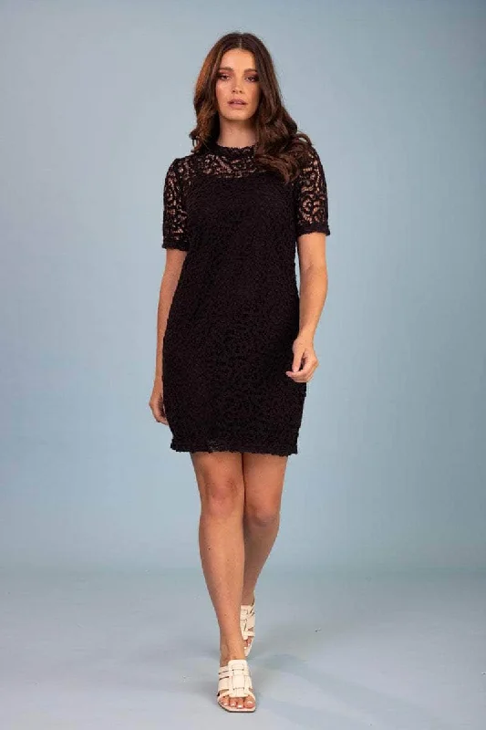 Mini dresses with fringe for a bohemian style Byron Crochet Shift Dress Black