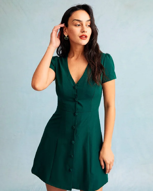Ruffled mini dresses for a romantic touch The Dark Green V Neck Button-up Shirt Mini Dress Ruffled mini dresses for a romantic touch The Dark Green V Neck Button-up Shirt Mini Dress