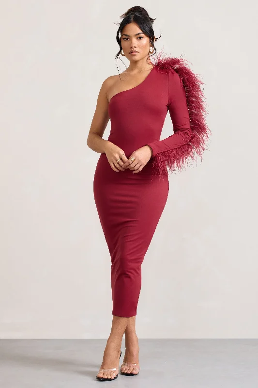 Midi dresses with side slits for a sexy and elegant appearance Wild One | Burgundy One-Shoulder Bodycon Midi Dress With Feather-Trimmed Sleeve Midi dresses with side slits for a sexy and elegant appearance Wild One | Burgundy One-Shoulder Bodycon Midi Dress With Feather-Trimmed Sleeve