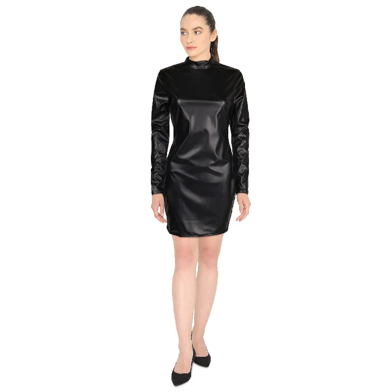 Mini dresses with asymmetric hems for a fashion - forward look Women's Long Sleeve Faux Leather Mini Dress Mini dresses with asymmetric hems for a fashion - forward look Women's Long Sleeve Faux Leather Mini Dress