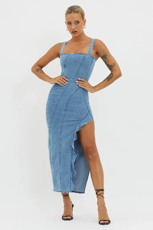 Midi dresses with patchwork patterns for a one - of - a - kind style Catriona Ruffle Split Midi Dress Denim