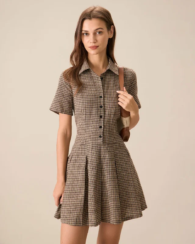 Mini dresses with bow accents for a sweet look Brown Plaid Lapel Pleated Mini Dress
