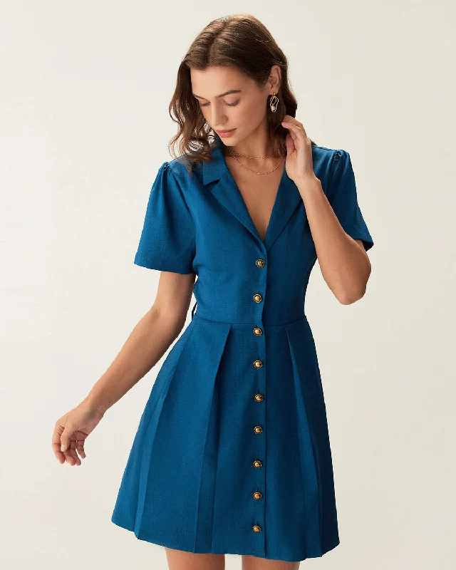 Metallic mini dresses for a glamorous event Blue Puffed Sleeve Button Mini Dress