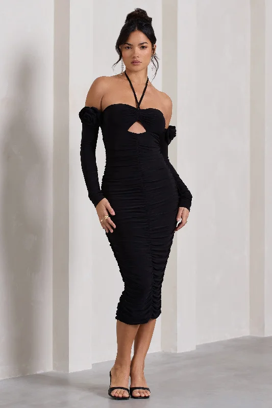 Midi dresses with tassel accents for a bohemian and free - spirited style Extra Special | Black Ruched Halter-Neck Midi Dress With Flowers Midi dresses with tassel accents for a bohemian and free - spirited style Extra Special | Black Ruched Halter-Neck Midi Dress With Flowers