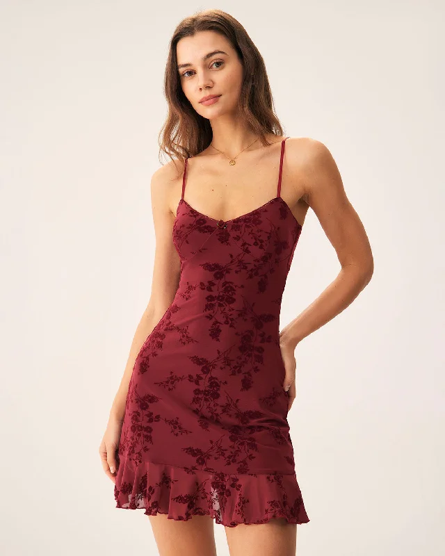 Mini dresses with pom - pom trims for a playful feel Red Floral Mesh Slip Mini Dress Mini dresses with pom - pom trims for a playful feel Red Floral Mesh Slip Mini Dress