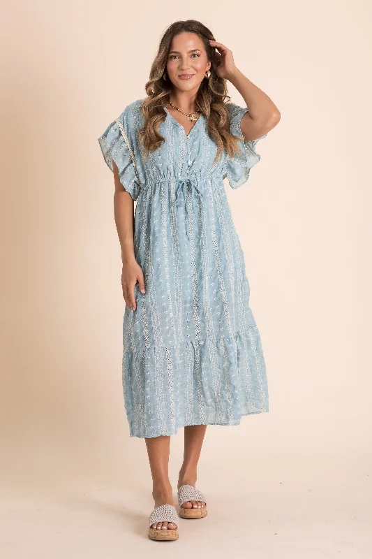 Midi dresses with cotton - blend materials for everyday comfort Dusty Blue Embroidered Boho Ruffled Midi Dress Midi dresses with cotton - blend materials for everyday comfort Dusty Blue Embroidered Boho Ruffled Midi Dress