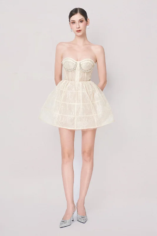 Ruffled mini dresses for a romantic touch Rinie Fit and Flare Semi-Heart Neck Lace Mini Dress Ruffled mini dresses for a romantic touch Rinie Fit and Flare Semi-Heart Neck Lace Mini Dress