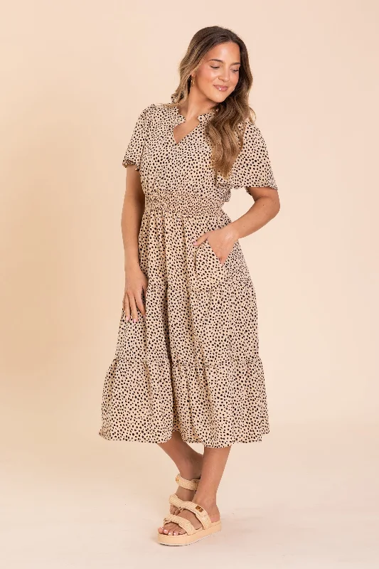 Midi dresses with V - necklines for a flattering and elongating effect Tan Fit And Flare Smocked Spring Midi Dress Midi dresses with V - necklines for a flattering and elongating effect Tan Fit And Flare Smocked Spring Midi Dress
