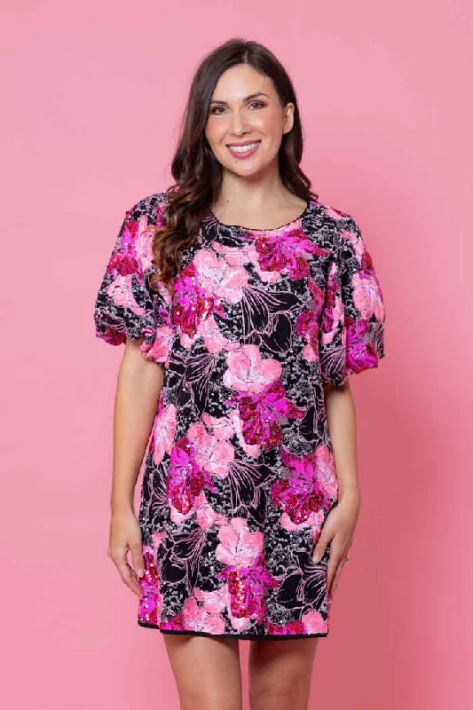 Printed mini dresses for a casual day out Berrie Dress Black Fluro Pink Sequin