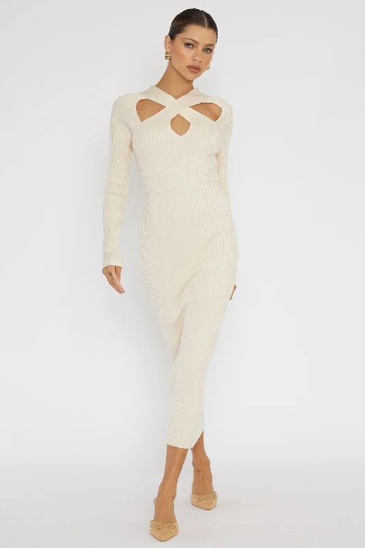 Midi dresses with animal prints for a bold and confident appearance One Mind Cut-Out Neckline Knit Midi Dress Cream Midi dresses with animal prints for a bold and confident appearance One Mind Cut-Out Neckline Knit Midi Dress Cream