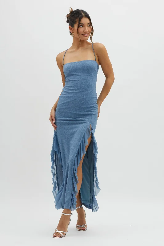 Midi dresses with asymmetric hems for a fashion - forward and dynamic appearance Rosilyn Split Ruffle Midi Dress Blue Midi dresses with asymmetric hems for a fashion - forward and dynamic appearance Rosilyn Split Ruffle Midi Dress Blue