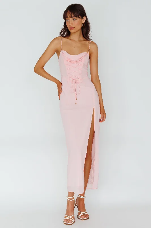 Wrap - style midi dresses in silk for a sophisticated office look Ryanna Laced Bodice Split Midi Dress Pink Wrap - style midi dresses in silk for a sophisticated office look Ryanna Laced Bodice Split Midi Dress Pink