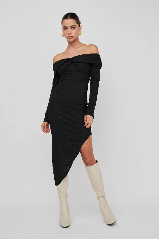 Midi dresses with asymmetric hems for a fashion - forward and dynamic appearance Annalora One-Shoulder Long Sleeve Midi Dress Black Midi dresses with asymmetric hems for a fashion - forward and dynamic appearance Annalora One-Shoulder Long Sleeve Midi Dress Black