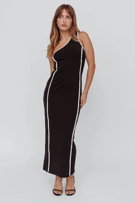 A - line midi dresses with floral prints for spring brunches Ivanka One Shoulder Contrast Piping Dress Black A - line midi dresses with floral prints for spring brunches Ivanka One Shoulder Contrast Piping Dress Black