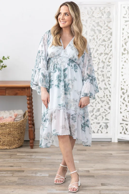Midi dresses with ruffled bodices for a more pronounced feminine look Dusty Teal Floral Print Long Sleeve Midi Dress Midi dresses with ruffled bodices for a more pronounced feminine look Dusty Teal Floral Print Long Sleeve Midi Dress