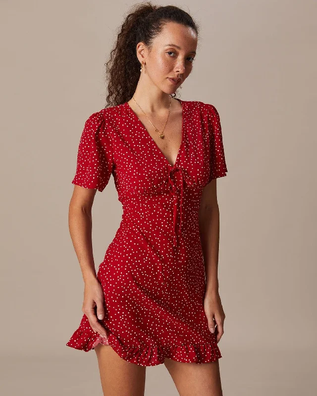 Mini dresses with empire waists for a flattering fit The Red V Neck Polka Dot Flounce Mini Dress Mini dresses with empire waists for a flattering fit The Red V Neck Polka Dot Flounce Mini Dress