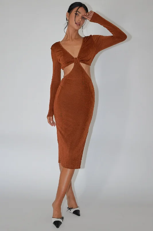 Midi dresses with empire waists for a flattering maternity option Acapulco Long Sleeve Cut-Out Waist Side Split Midi Jersey Dress Chocolate Midi dresses with empire waists for a flattering maternity option Acapulco Long Sleeve Cut-Out Waist Side Split Midi Jersey Dress Chocolate