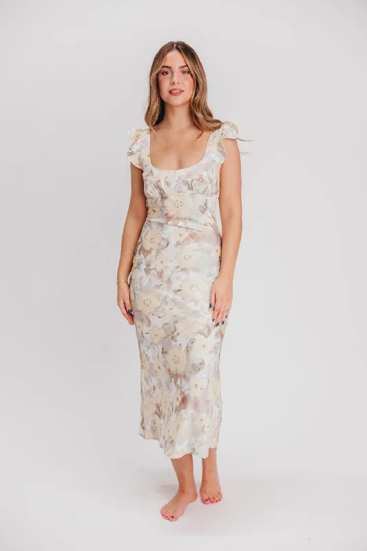 Midi dresses with off - the - shoulder necklines for a flirty look Pisa Floral Chiffon Midi Dress with Ruffle Shoulder in Champagne Midi dresses with off - the - shoulder necklines for a flirty look Pisa Floral Chiffon Midi Dress with Ruffle Shoulder in Champagne