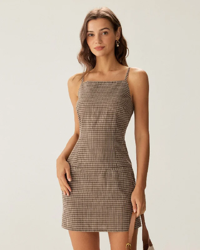 Satin mini dresses for a luxurious feel Brown Plaid Slip Mini Dress