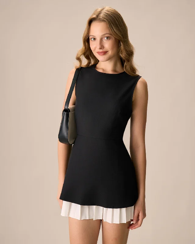 Mini dresses with ribbed textures for a unique appearance Women's Black Splicing Pleated Mini Dress Mini dresses with ribbed textures for a unique appearance Women's Black Splicing Pleated Mini Dress