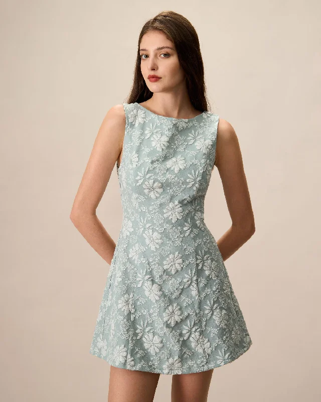 Mini dresses with gathered skirts for a voluminous effect Women's Green Boat Neck Jacquard Mini Dress Mini dresses with gathered skirts for a voluminous effect Women's Green Boat Neck Jacquard Mini Dress