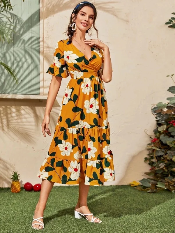 Midi dresses with ruched sleeves for a more fitted and stylish arm look KittenAlarm - Allover Floral Print Surplice Neck Ruffle Hem Dress Midi dresses with ruched sleeves for a more fitted and stylish arm look KittenAlarm - Allover Floral Print Surplice Neck Ruffle Hem Dress