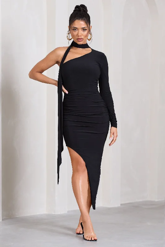 Velvet midi dresses in jewel tones for a glamorous winter event Firestorm | Black Asymmetric One-Sleeved Midi Dress With Scarf Velvet midi dresses in jewel tones for a glamorous winter event Firestorm | Black Asymmetric One-Sleeved Midi Dress With Scarf