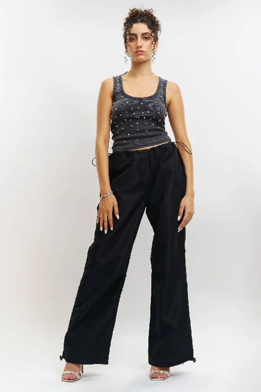 Cigarette Style Women's Printed Linen Blend Pants for Casual DaysBlack Parachute Pants Cigarette Style Women's Printed Linen Blend Pants for Casual DaysBlack Parachute Pants