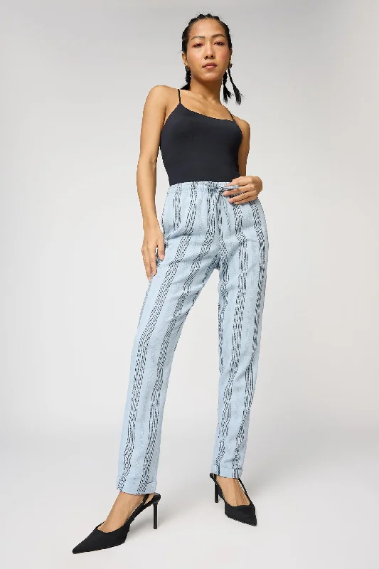 Cigarette Style Women's Printed Linen Blend Pants for Casual DaysBlue Luxe and Black Stripe Pants Cigarette Style Women's Printed Linen Blend Pants for Casual DaysBlue Luxe and Black Stripe Pants