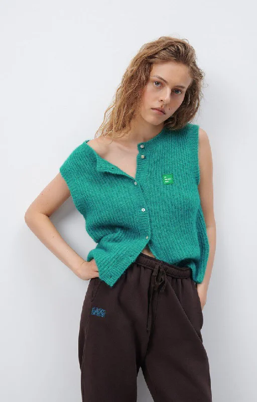 long length women cardigan with side slitsVest East19m Bleu-Canard